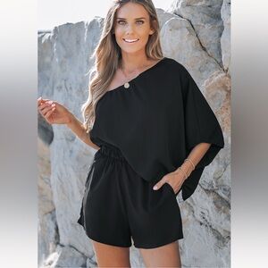 Asymmetrical Black Off-Shoulder Romper